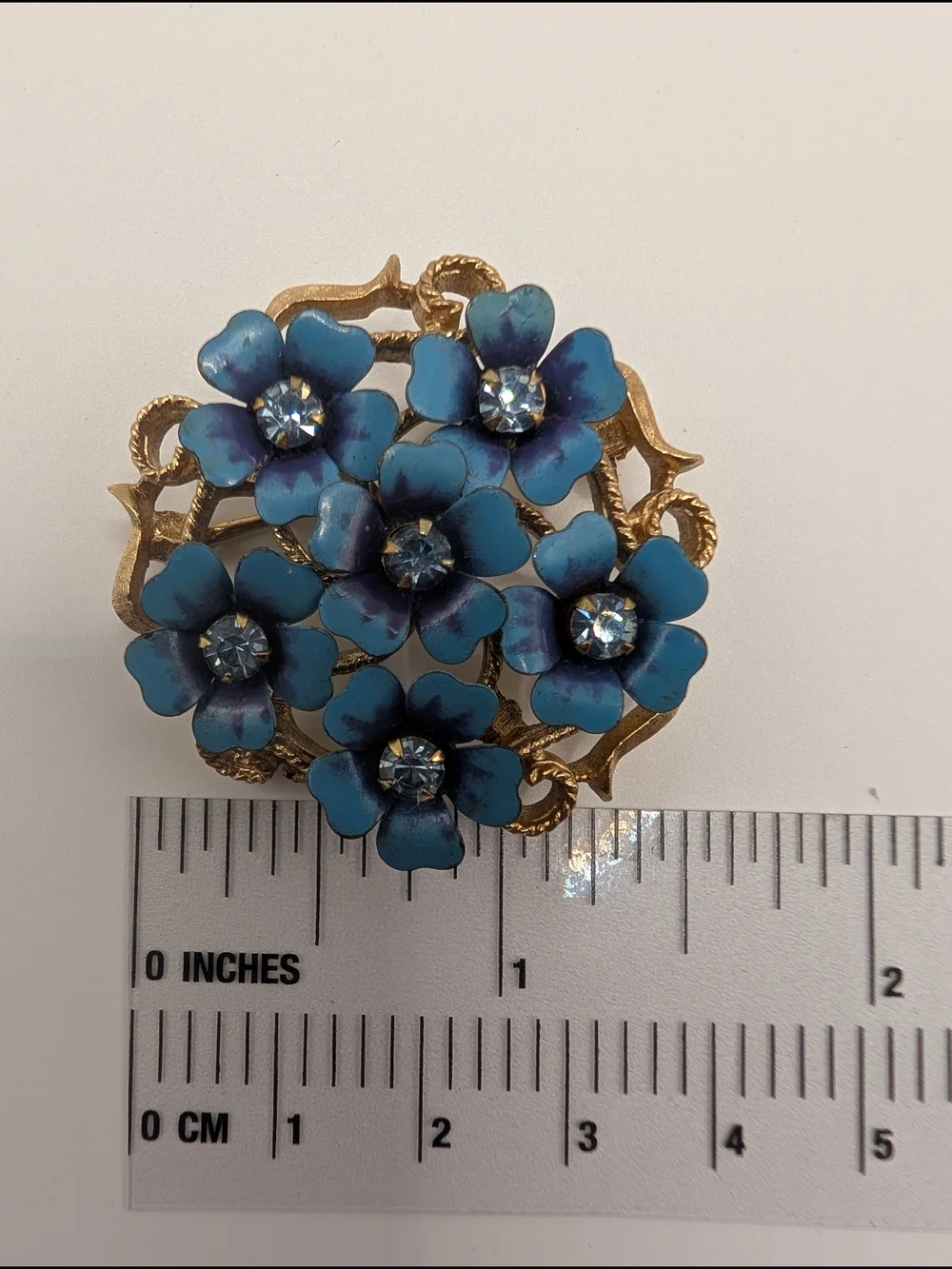 Avon Blue Enamel Floral Brooch with Gold Tone Accents